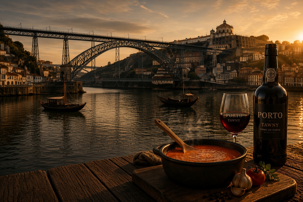 Ponte D. Luís I no Porto ao pôr do sol com molho de francesinha Invicta's e vinho do Porto